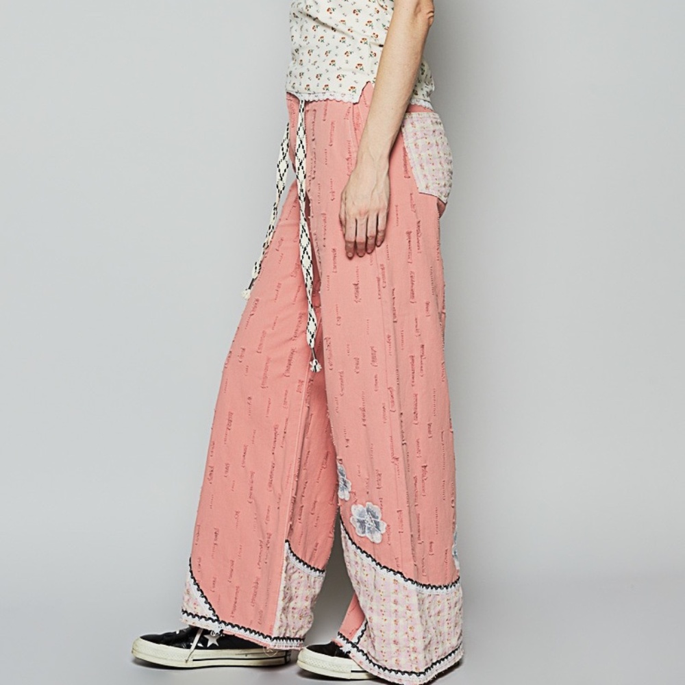 New POL Floral Patchwork Embroidered Drawstring Jeans Relaxed Fit Pants Pink - Picture 2 of 11